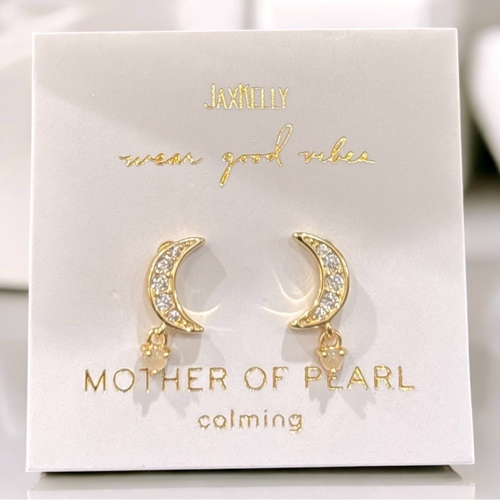 NWT Jax Kelly Crescent Moon CZ Mother of Pearl Dainty Drop Earrings